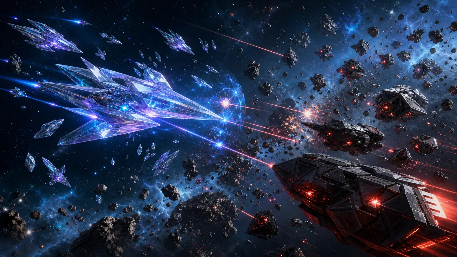 Crystal alien fleet fighting Synthetic machine ships