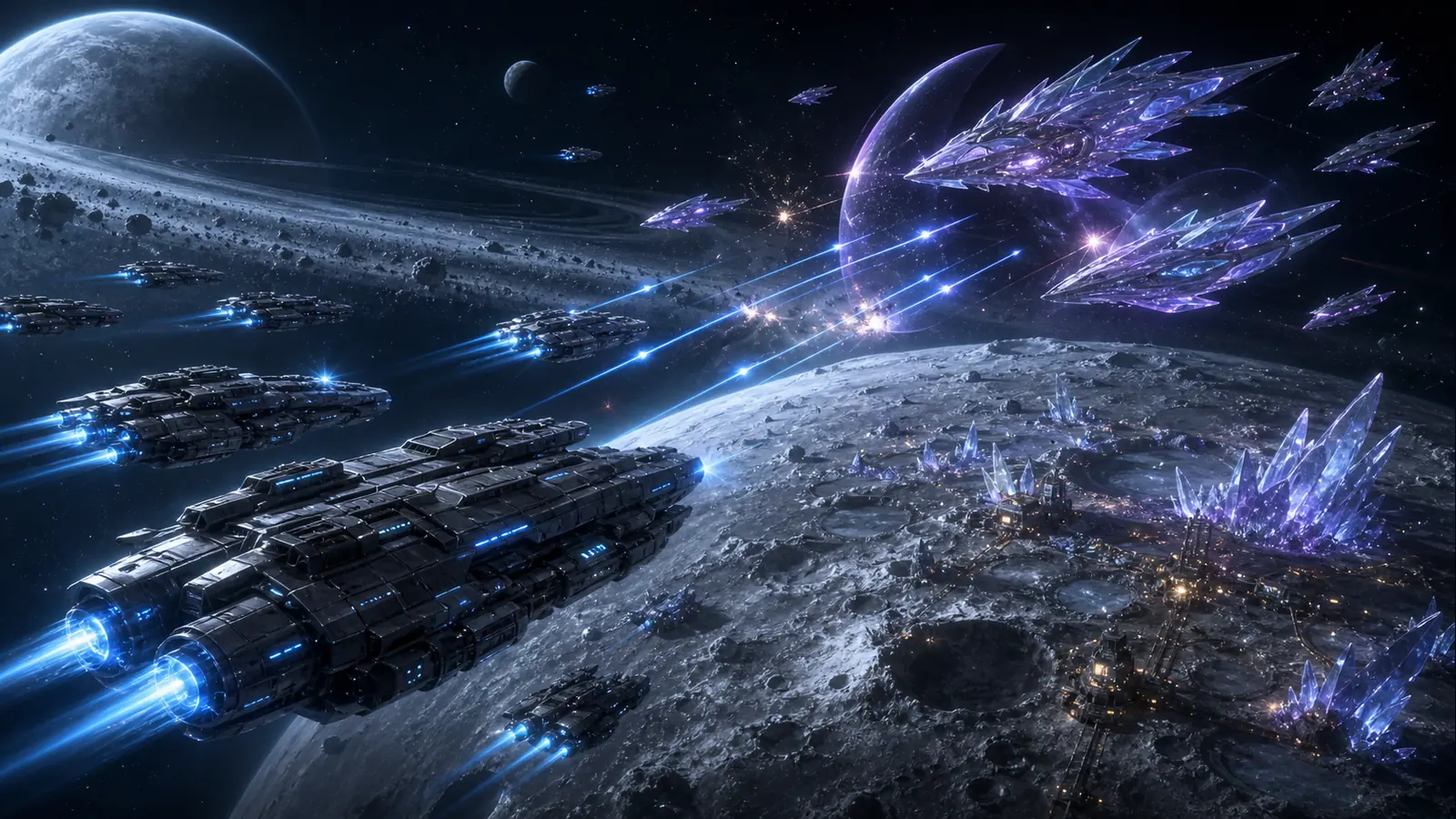 Human destroyers fighting Crystal alien shard cruisers