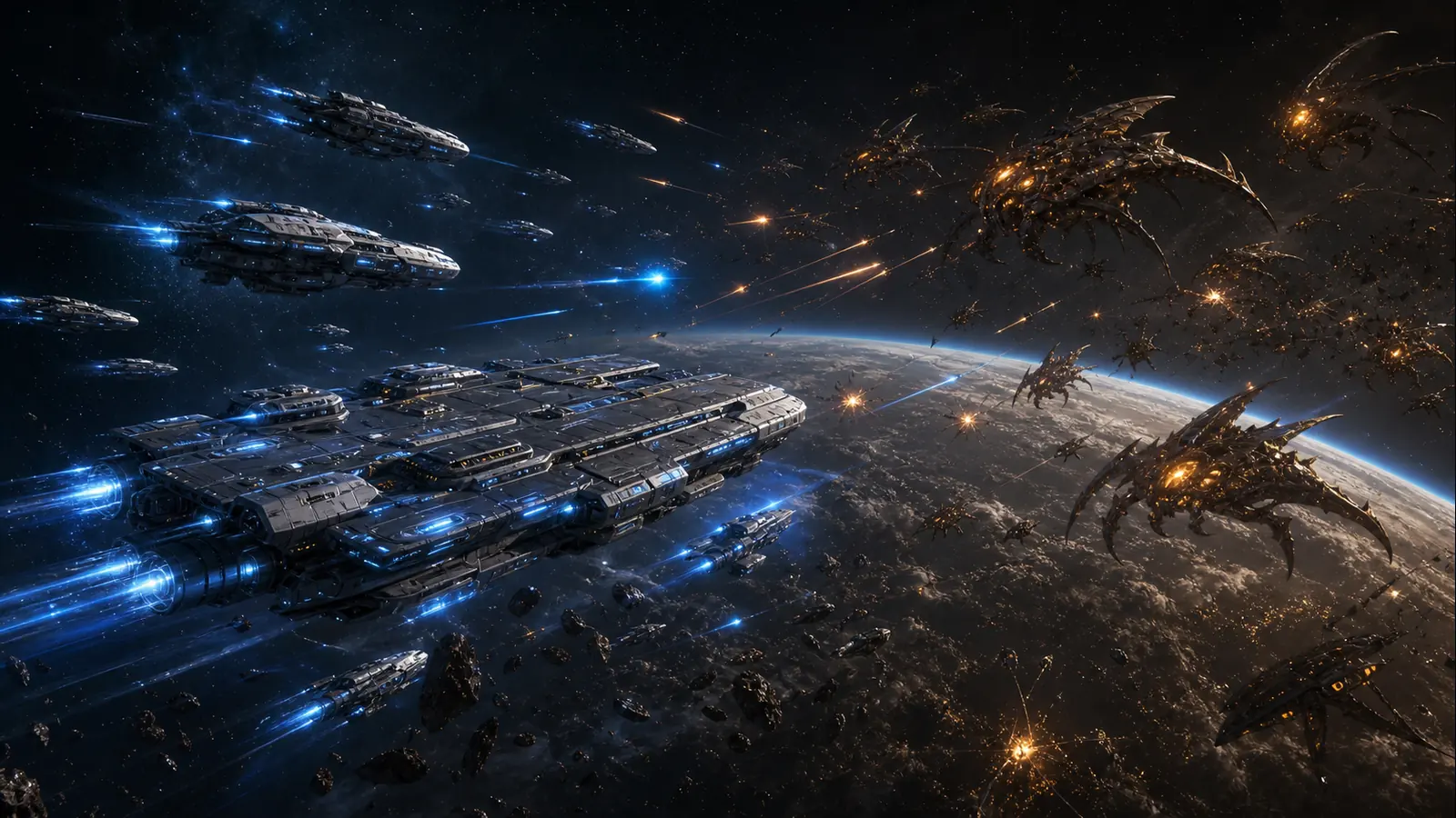 Human fleet fighting Swarm alien bio-ships