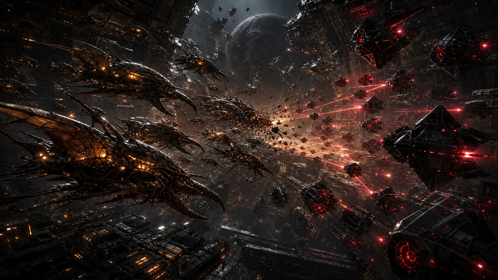 Swarm alien vessels fighting Synthetic drone carriers